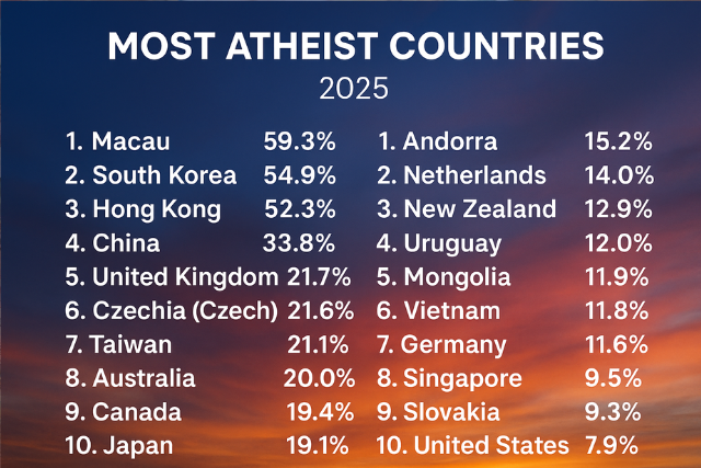 Most Atheist Countries in The World in 2025